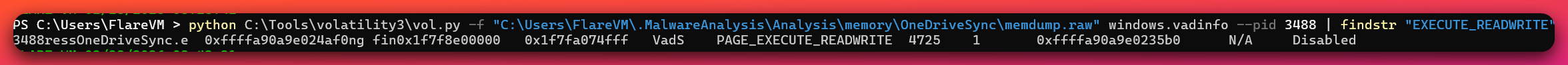 Volatility VAD information output showing the 18.4 MB anonymous VadS region with ERW to ER permission transition, confirming Donut shellcode staging region in the OneDriveSync.exe process