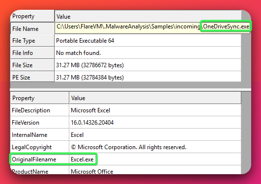 PE version information properties of OneDriveSync.exe showing the OriginalFilename field set to Excel.exe