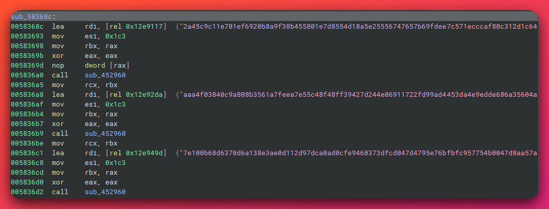 Disassembler view of the unrolled shellcode assembly chain showing the sequential per-chunk decryption call structure of the ScareCrow loader