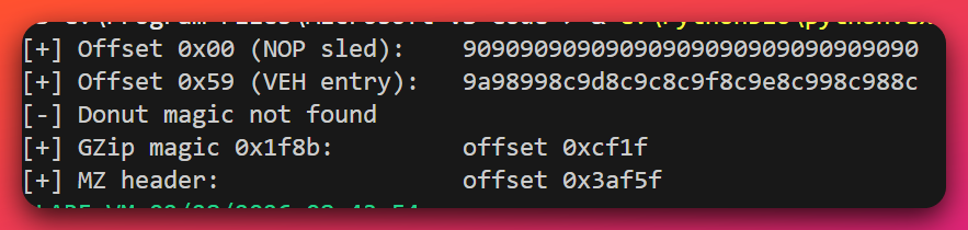 Debugger view of the Donut VEH bootstrap trap showing the 0x9A invalid CALLF opcode at the Donut entry point and the Vectored Exception Handler catching the resulting illegal instruction exception